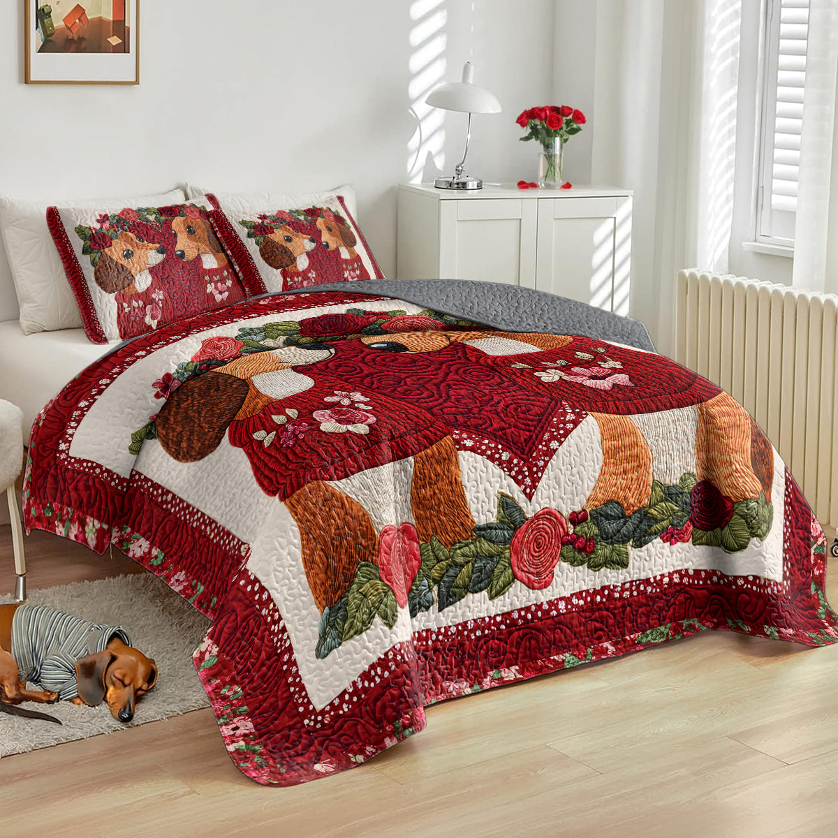 Shineful All Season Quilt 3-Piece Set Red Roses Dachshund Couple