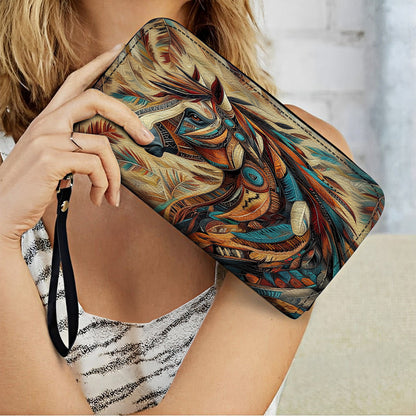 Shineful Leather Clutch Purse With Wristlet Strap Handle Tribal Spirit Stallion