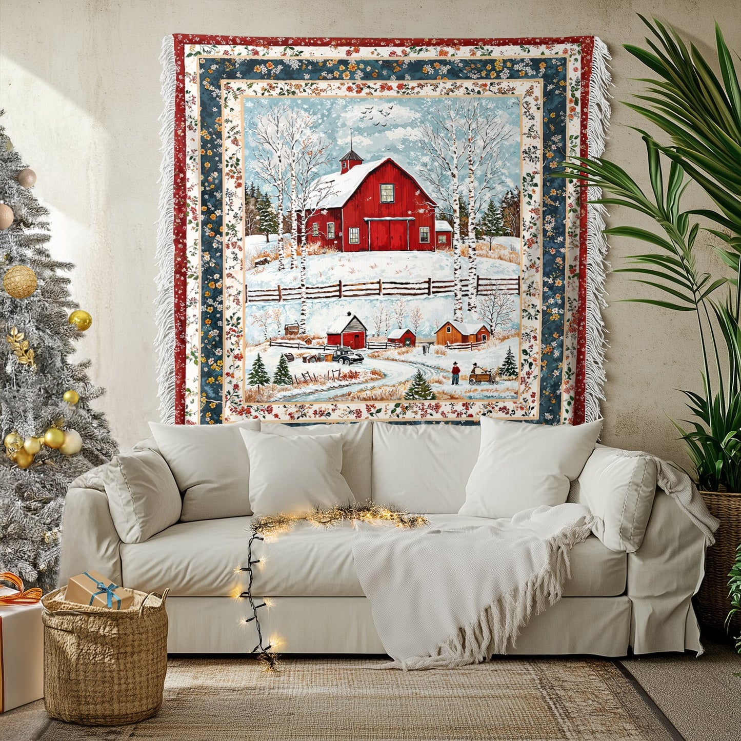 Shineful Woven Tapestry Throw Blanket - Red Barn Christmas