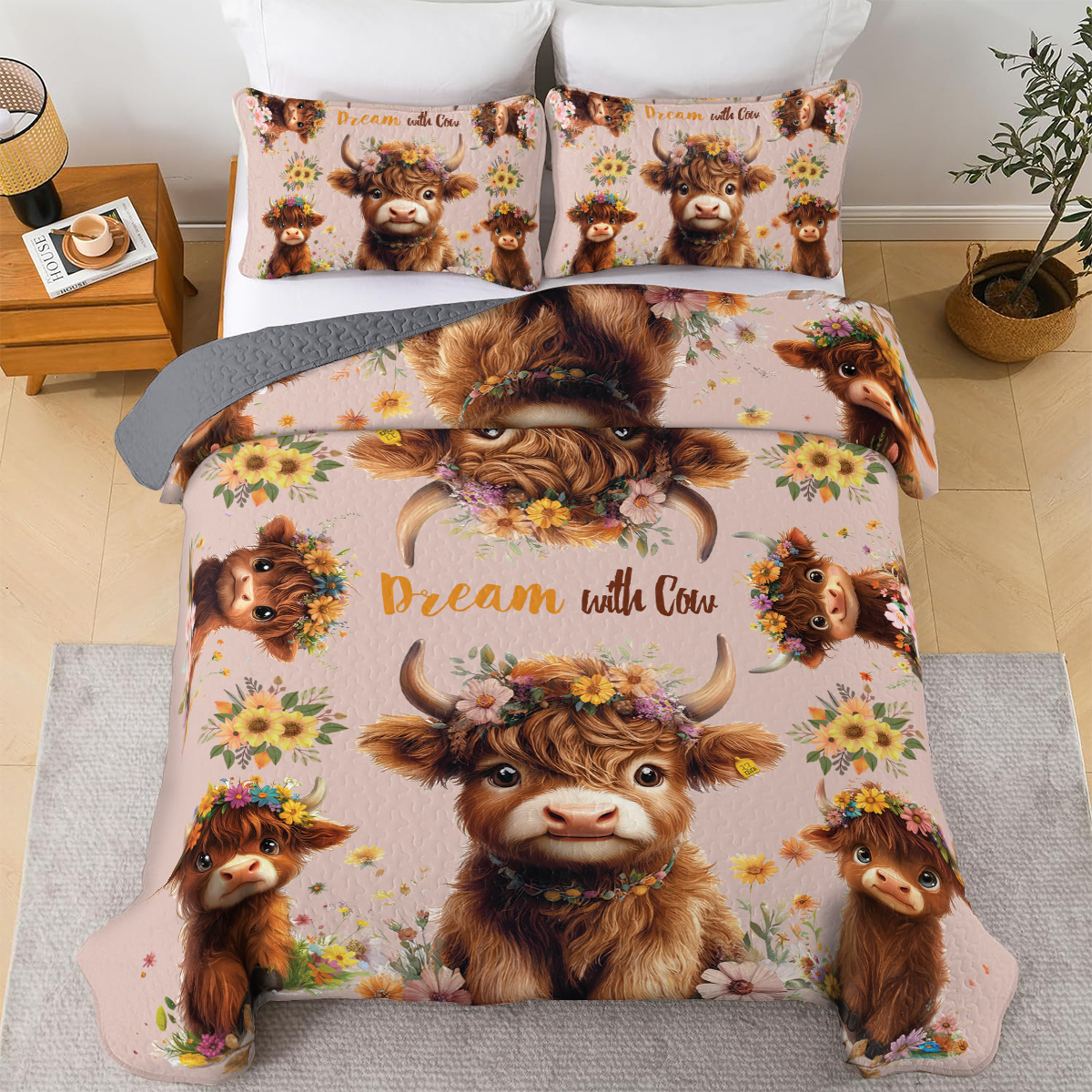 Shineful All Season Quilt 3-Piece Set - Highland Cow With Flowers