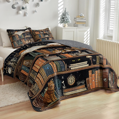 Shineful All Season Quilt 3-Piece Set Purrfect Book Lover Bookshelf