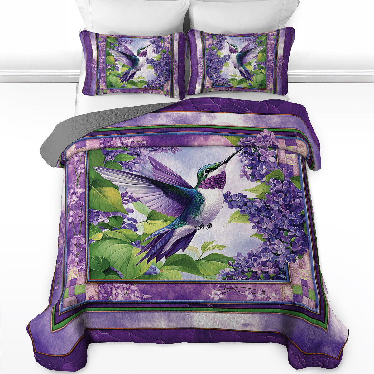 Shineful All Season Quilt 3-Piece Set - Lilac Flight: Hummingbird Quilt