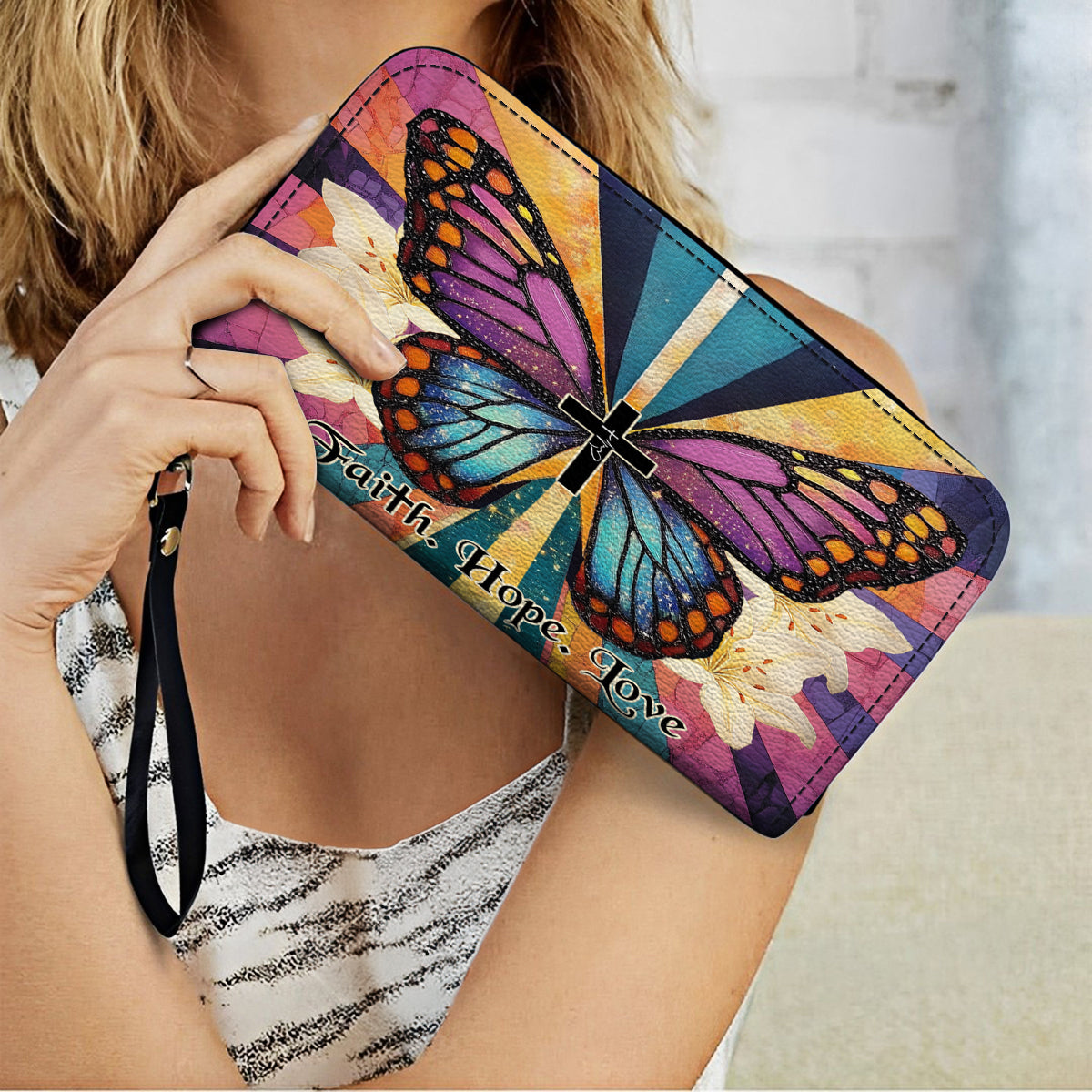 Shineful Leather Clutch Purse With Wristlet Strap Handle Wings Of Faith