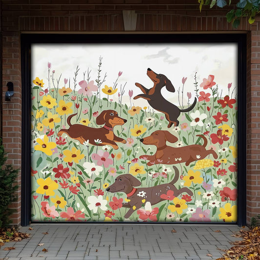 Shineful Garage Door Banner Decoration Dachshund In Flower Garden