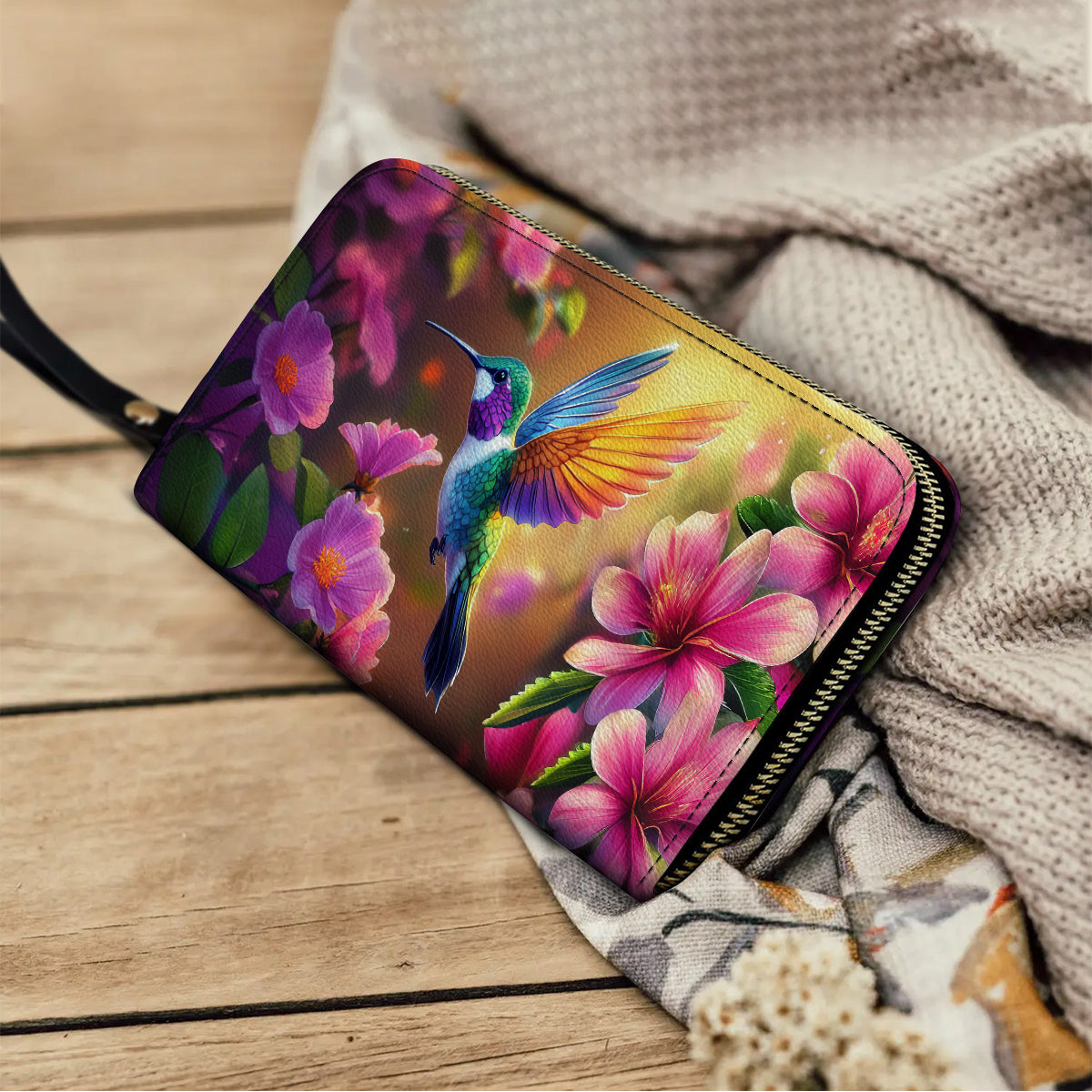 Shineful Leather Clutch Purse With Wristlet Strap Handle Enchanted Hummingbird