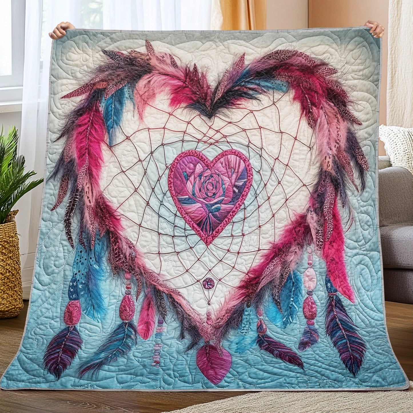 Shineful Flat Print Faux Quilt Blanket - Heartfelt Dreamcatcher of Feathers and Whimsy