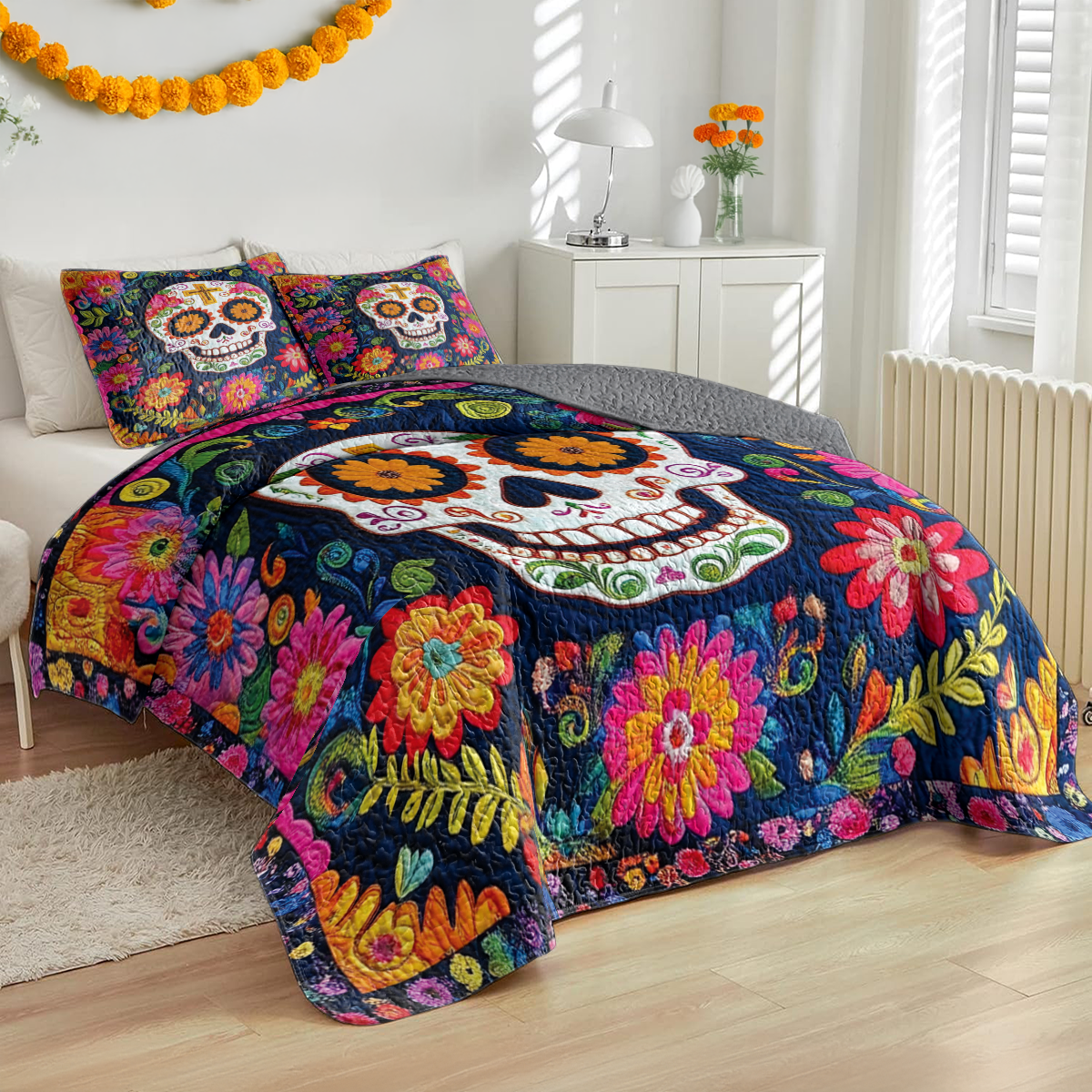 Shineful All Season Quilt 3-Piece Set Vibrant Floral Skull