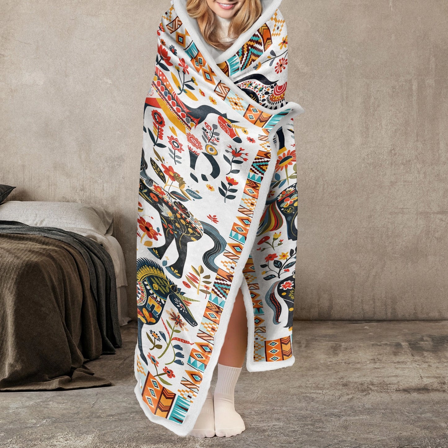 Shineful Wearable Hooded Blanket - Horse Floral Pattern