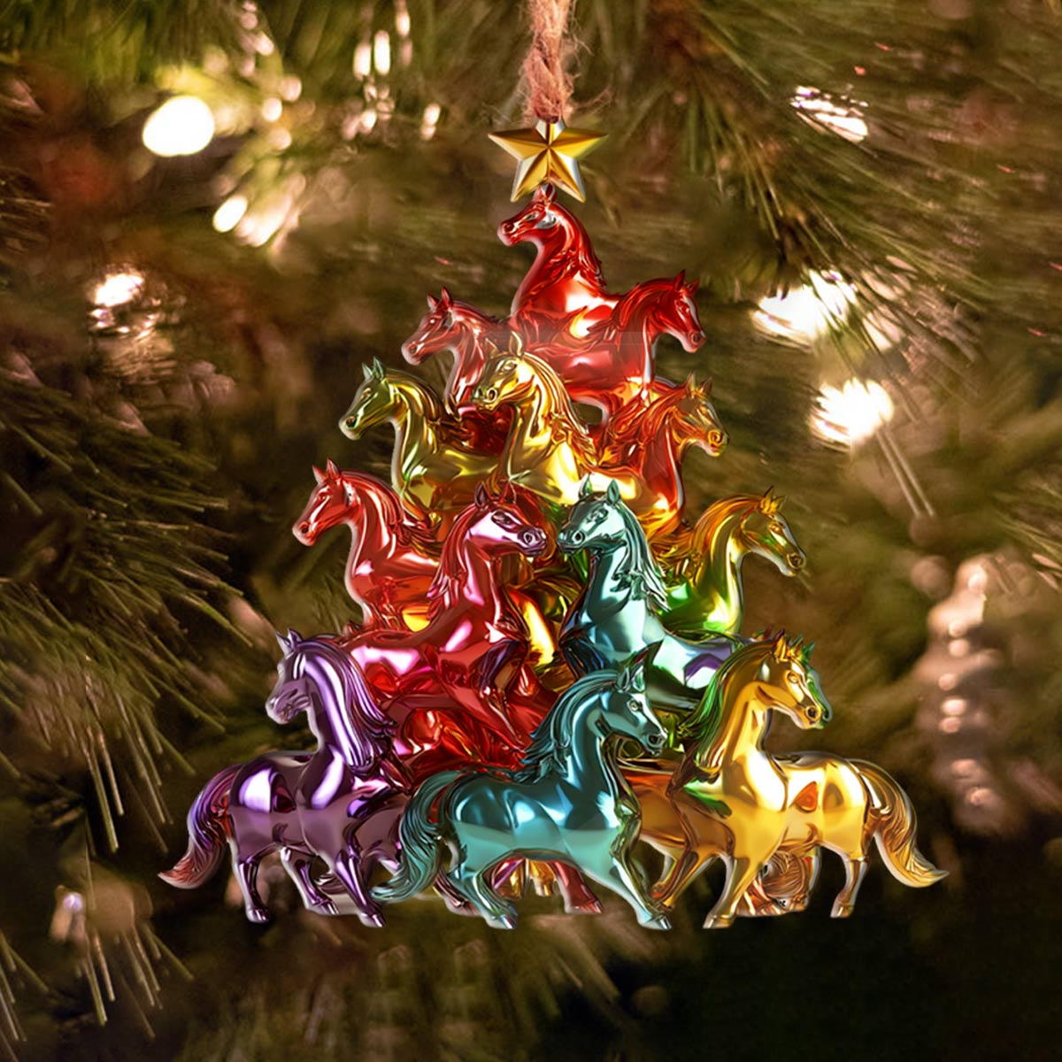 Ornement acrylique 2D brillant Chevaux colorés Arbre de Noël