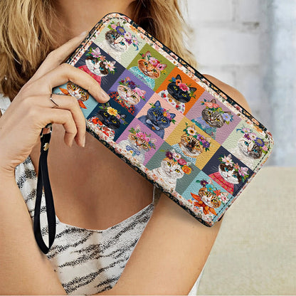 Shineful Leather Clutch Purse With Wristlet Strap Handle Floral Cat Fantasy