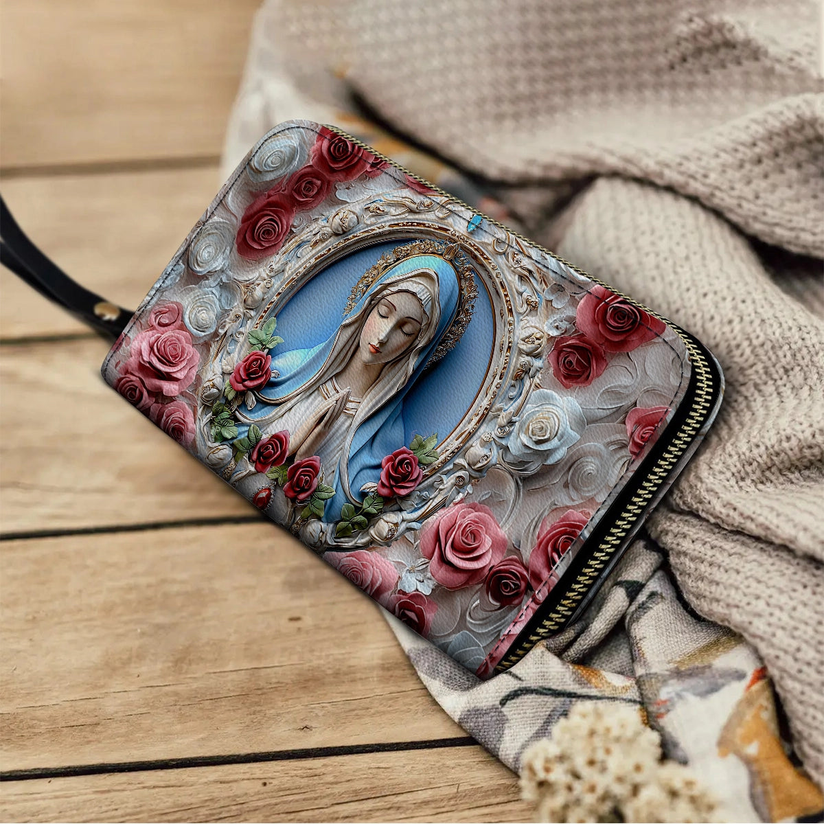 Shineful Leather Clutch Purse With Wristlet Strap Handle Sacred Heart Virgin Mary