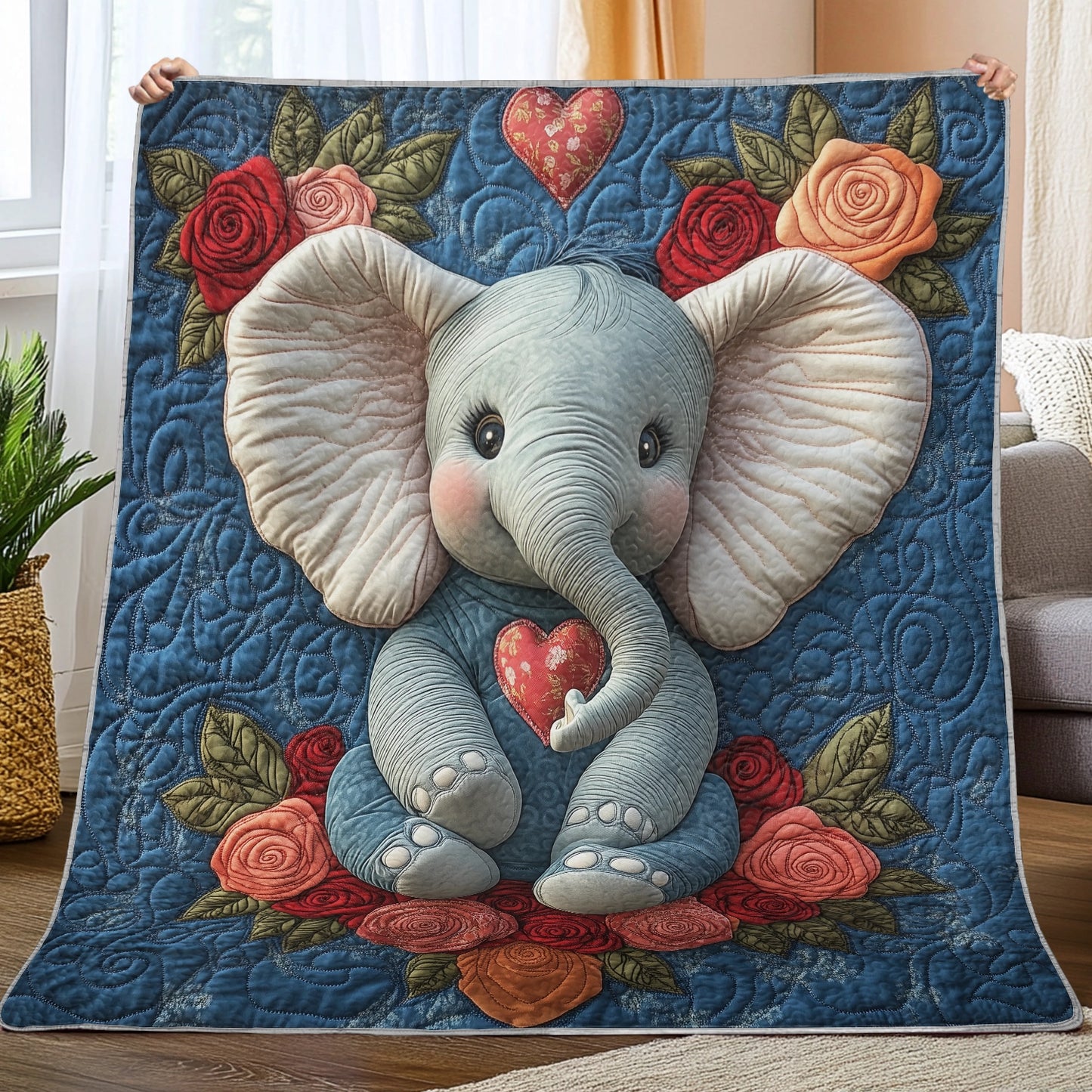 Shineful Flat Print Faux Quilt Blanket - Sweet Baby Elephant with Roses and Heart of Love