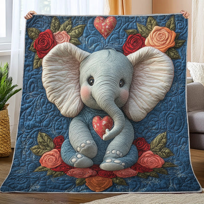 Shineful Flat Print Faux Quilt Blanket - Sweet Baby Elephant with Roses and Heart of Love