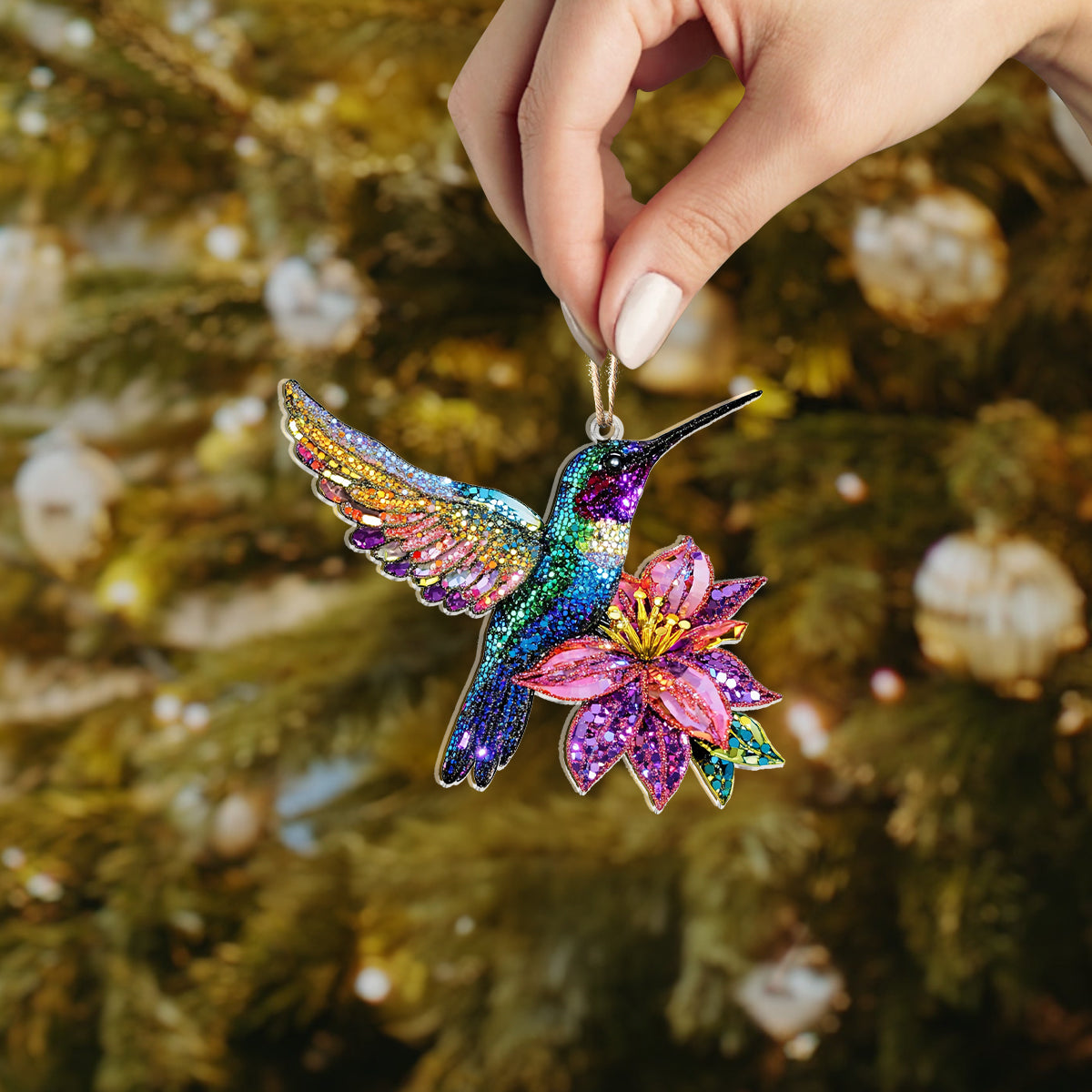 Shineful 2D Acrylic Ornament Shimmering Floral Hummingbird