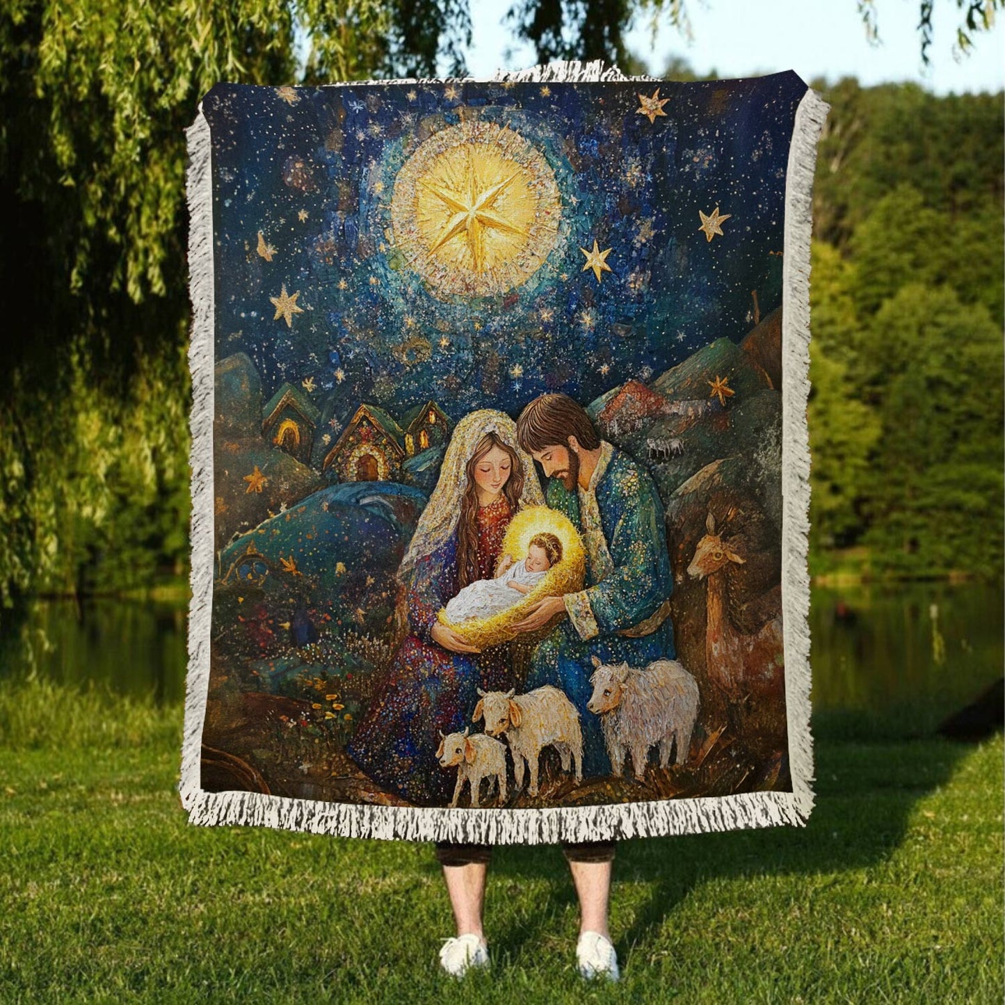 Shineful Woven Tapestry Throw Blanket Sacred Christmas Nativity