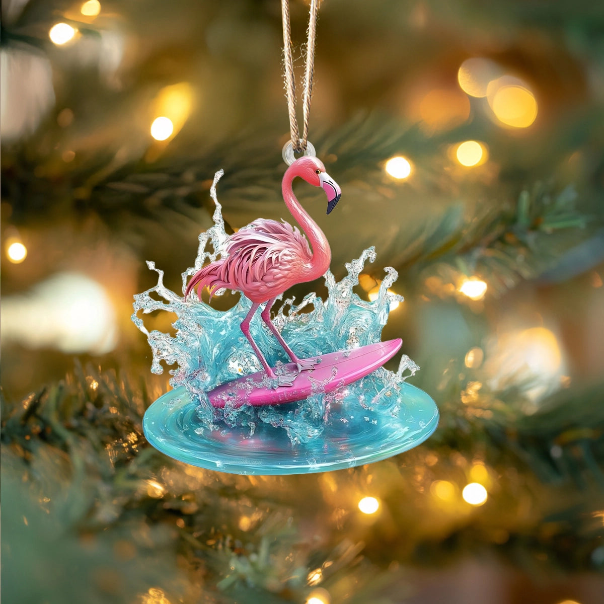 Shineful Acrylic Ornament Flamingo Surfer Splash