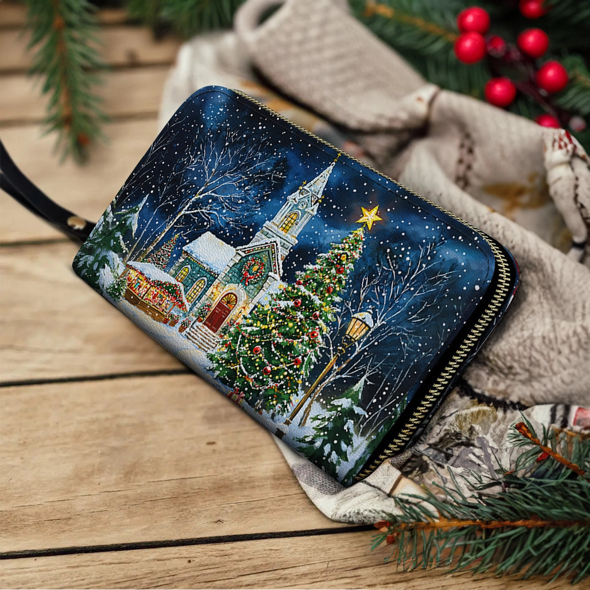 Shineful Leather Clutch Purse With Wristlet Strap Handle Christmas Church Serenity