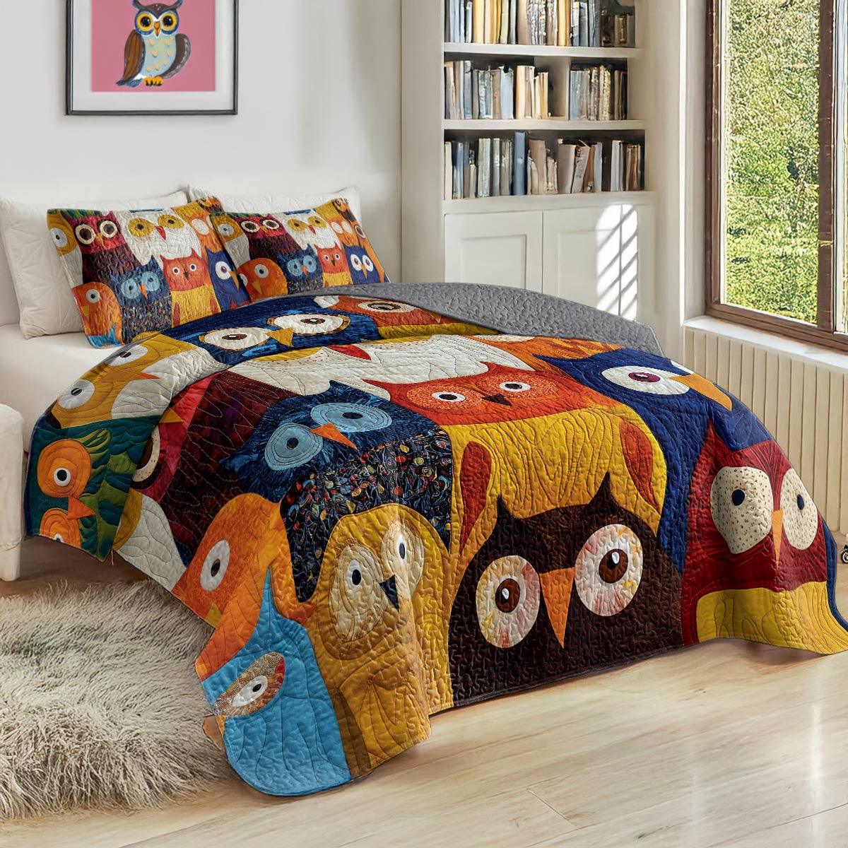 Shineful All Season Quilt 3-Piece Set - Colorful Owl Gathering