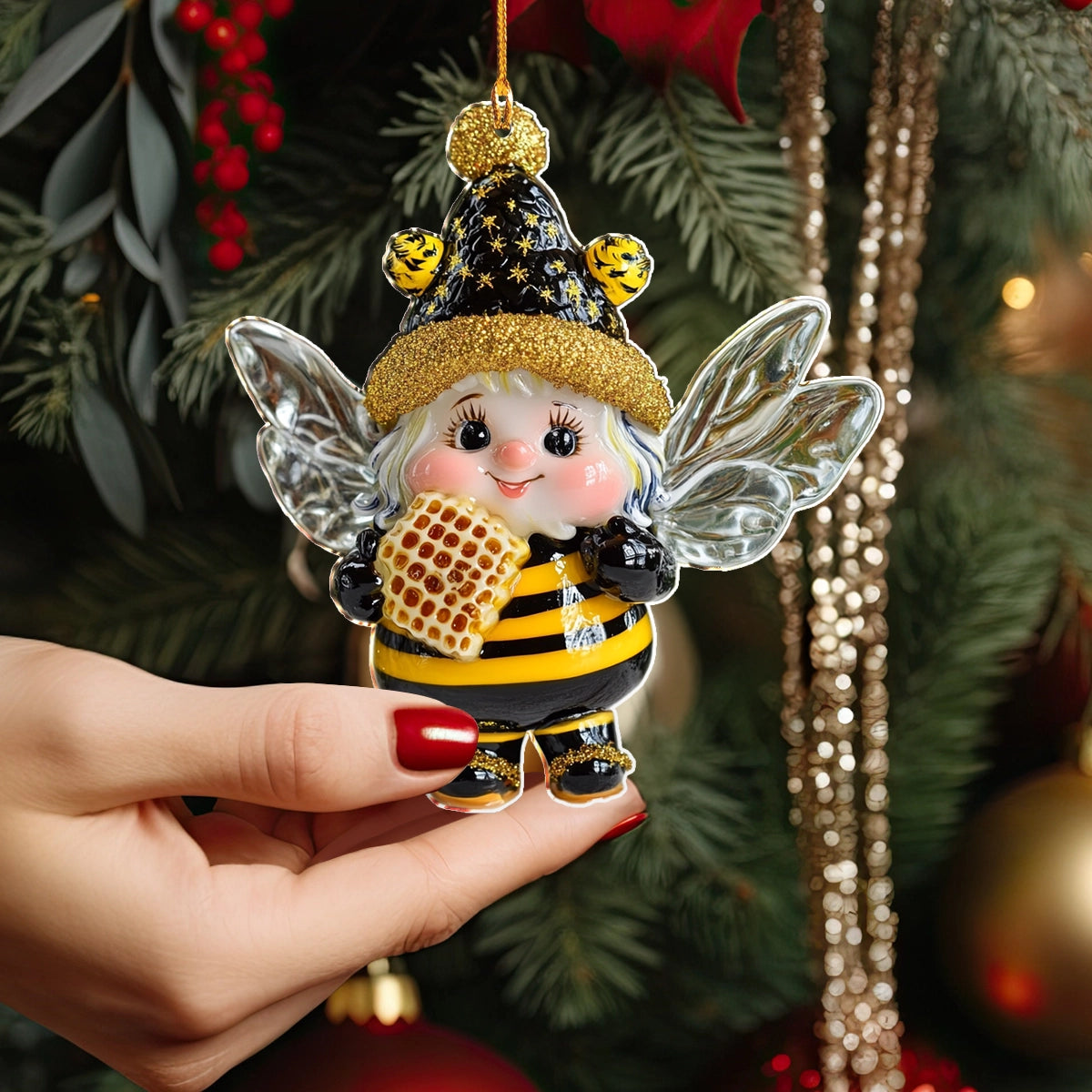 Ornement en acrylique 2D brillant Bumblebee Sweet Holiday Buzz