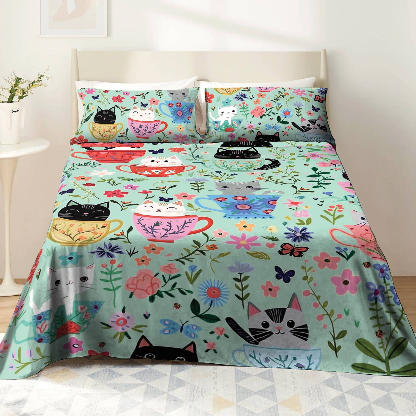 Shineful 4-Piece Bed Sheet Set Cat Cup