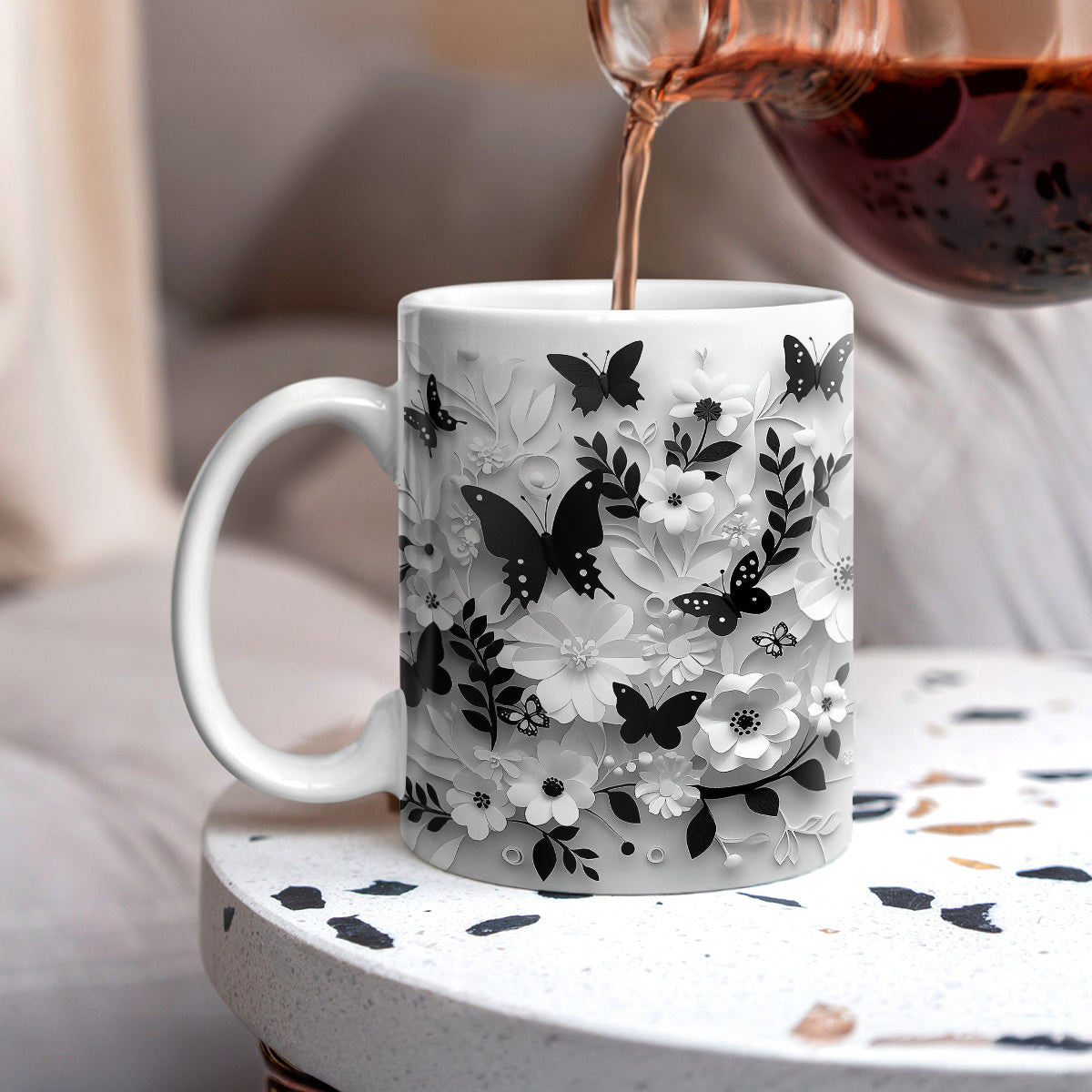 Shineful Ceramic Mug Monochrome Elegance: Floral Butterfly