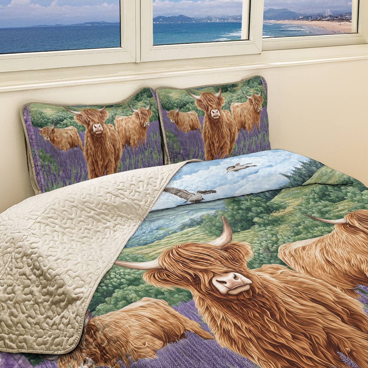 Shineful All Season Quilt 3-Piece Set - Highland Cows In Lavender Field