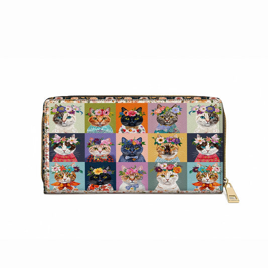 Pochette en cuir brillante avec dragonne et motif floral et chat fantaisie