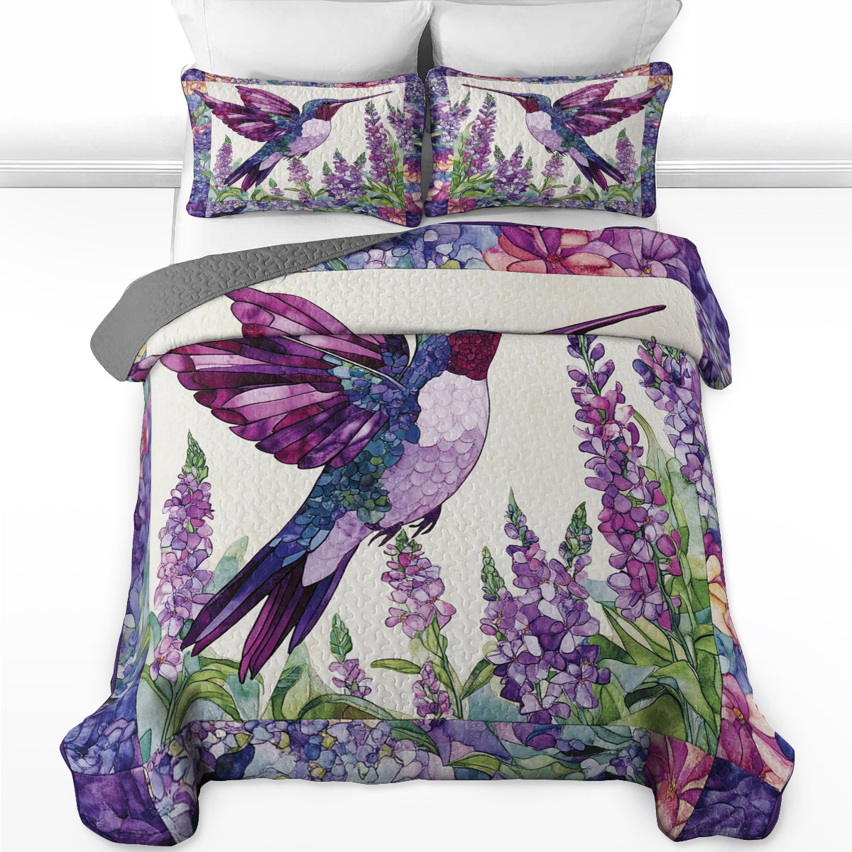 Shineful All Season Quilt 3-Piece Set Purple and Pink Hummingbird