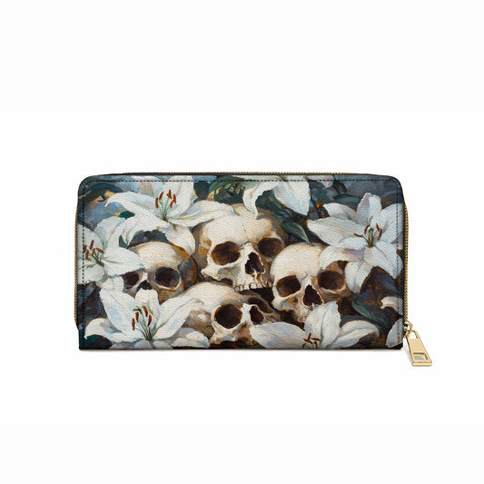 Pochette en cuir brillante avec dragonne et motif crâne mystique et lys blancs