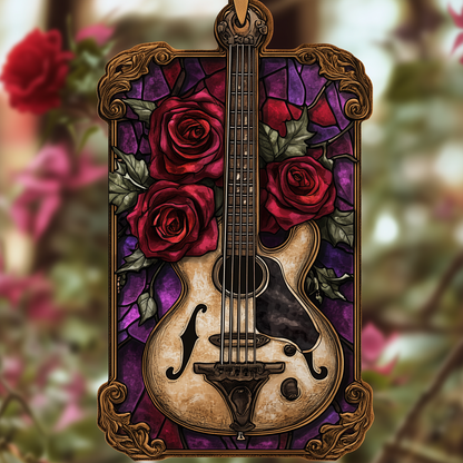 Ornement en acrylique 2D brillant - Guitare semi-acoustique vintage à motifs de roses