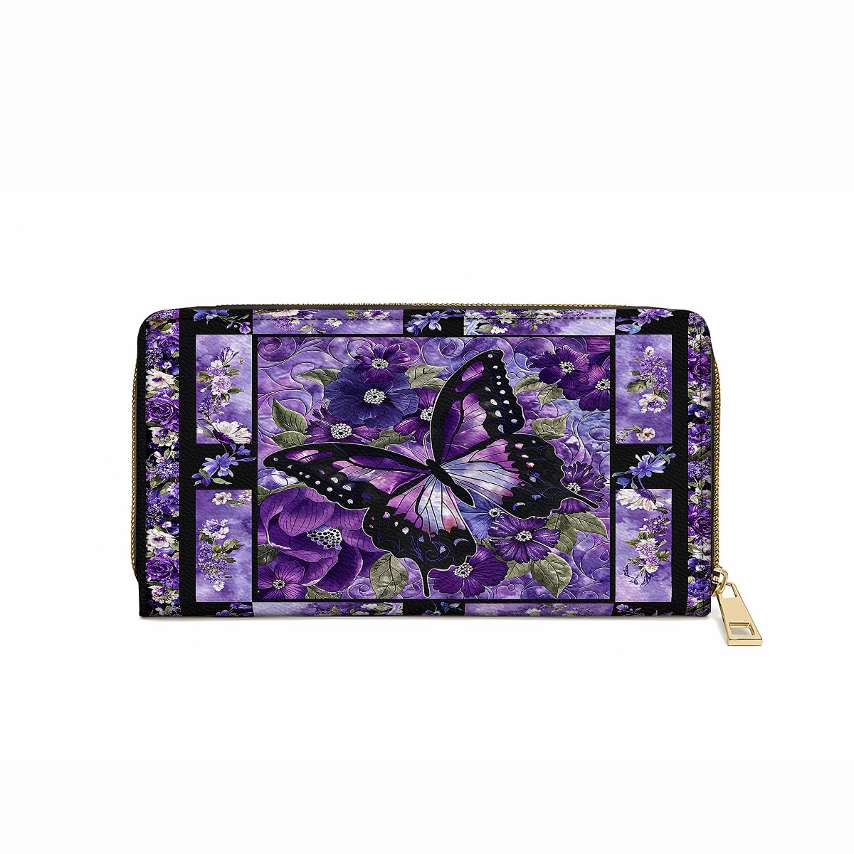 Shineful Leather Clutch Purse With Wristlet Strap Handle Gorgeous Purple Butterfly Flowers