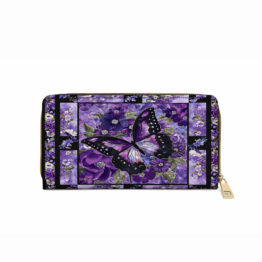 Glänzende Clutch aus Leder mit Trageriemen und wunderschönen lila Schmetterlingsblumen