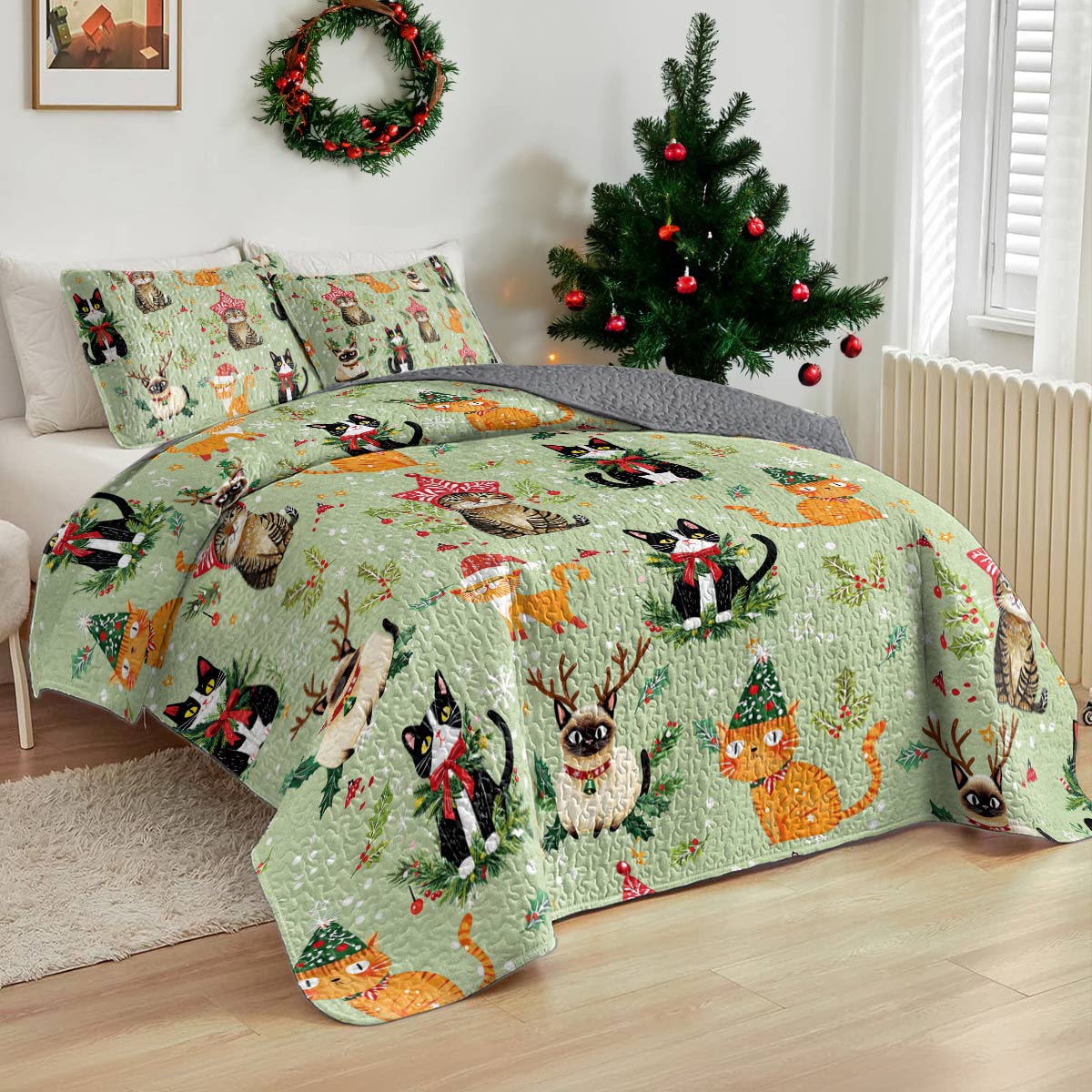 Shineful All Season Quilt 3-Piece Set Christmas Cats