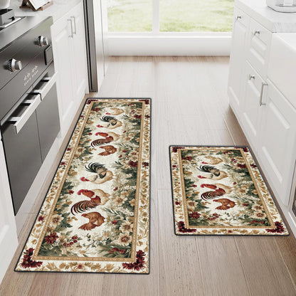 Shineful Ultra-Thin Non Skid Floor Mat, Kitchen Rugs Roosters Vintage Garden