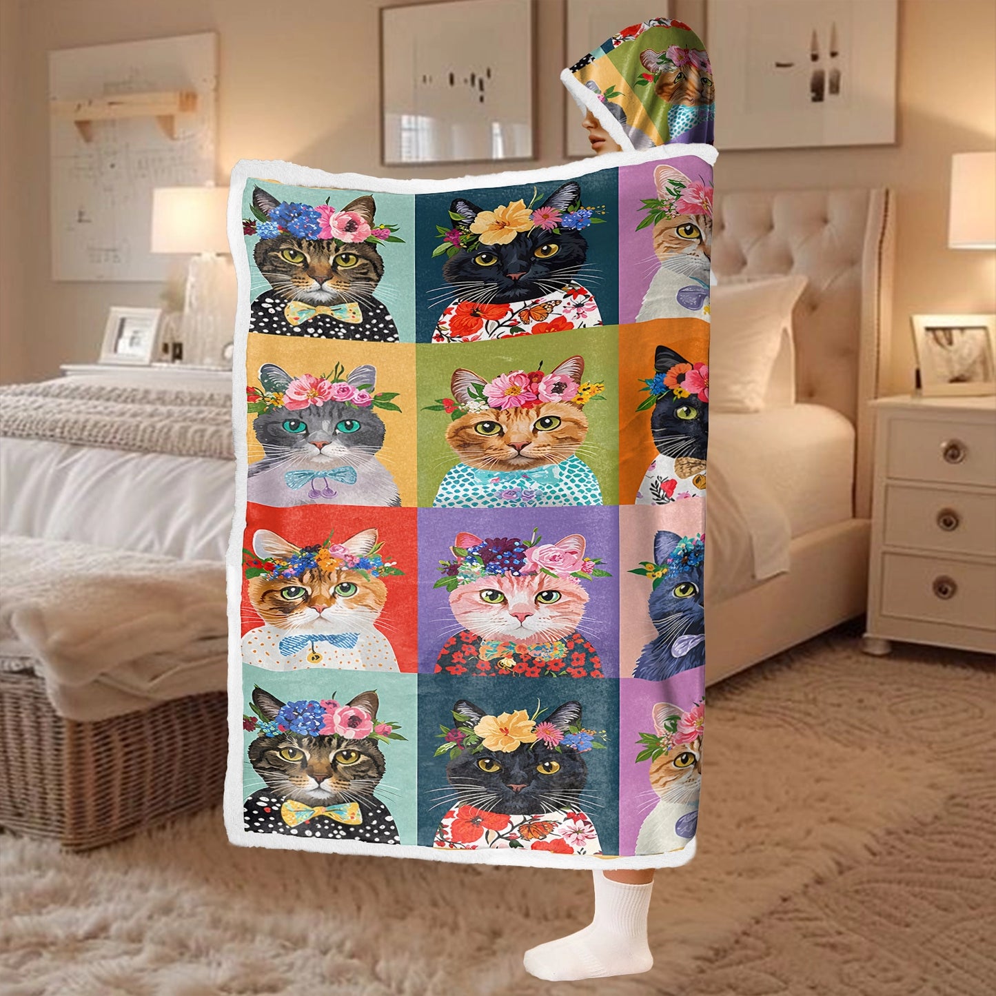 Shineful Wearable Hooded Blanket - Floral Cat Fantasy