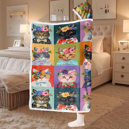 Couverture à capuche portable brillante - Motif floral et chat