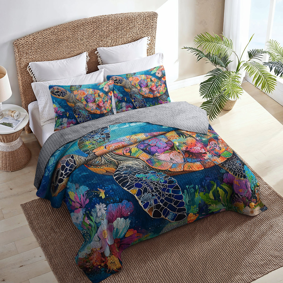 Shineful All Season Quilt 3-Piece Set Floral Sea Turtle