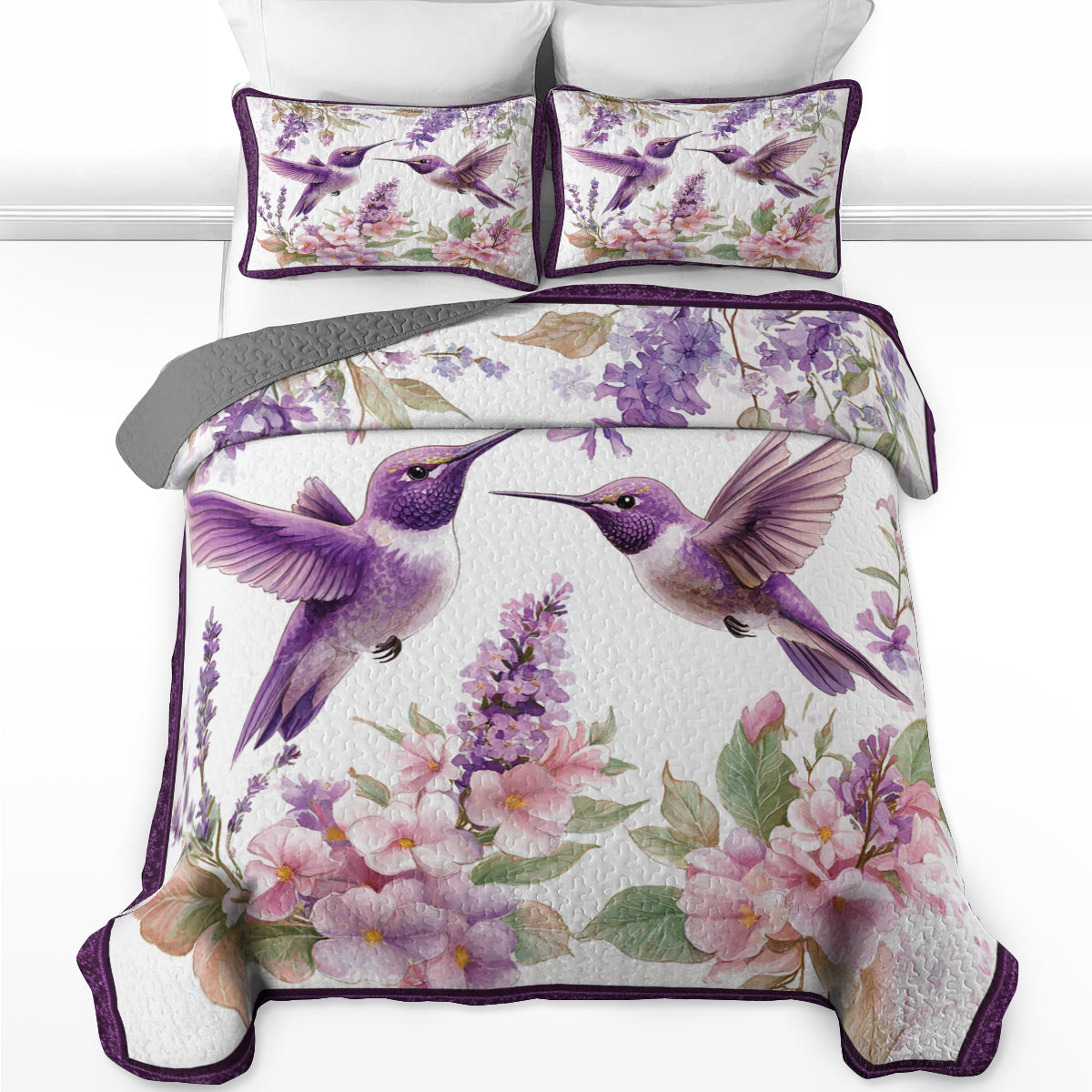 Shineful All Season Quilt 3-Piece Set Hummingbird And Lavender