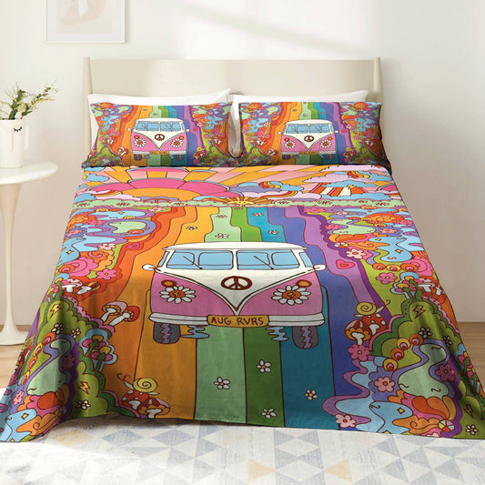 Shineful 4-Piece Bed Sheet Set Rainbow Hippie Van