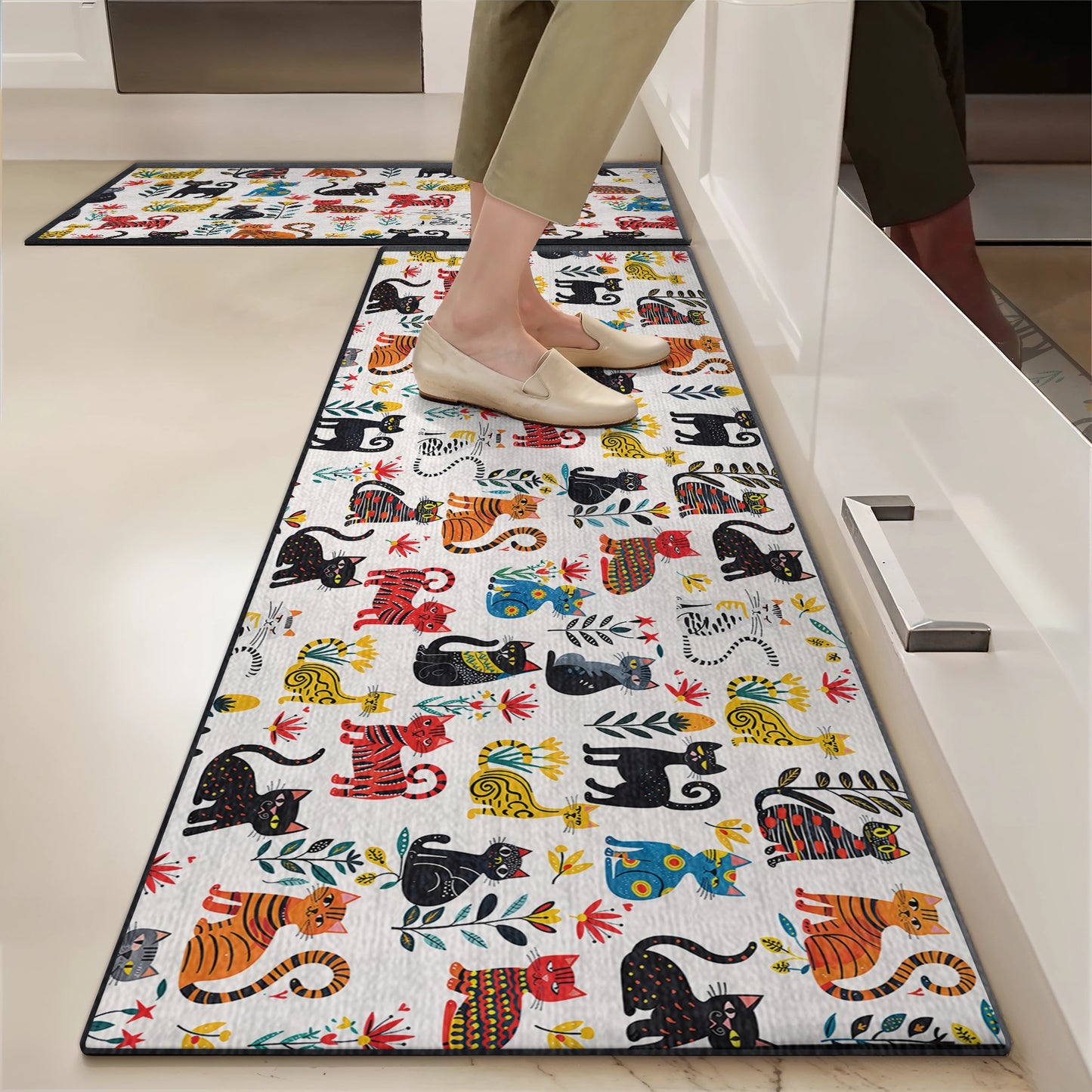 Shineful Ultra-Thin Non Skid Floor Mat, Kitchen Rugs Cute Whimsical Cat