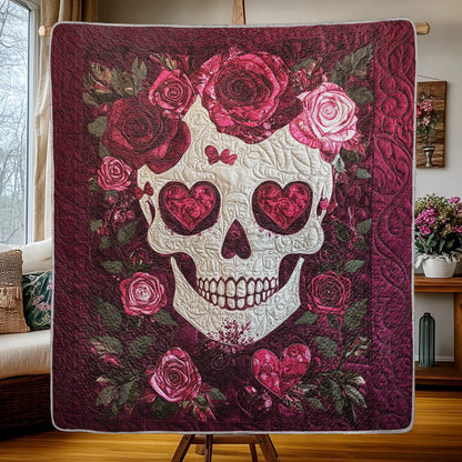 Shineful Flat Print Faux Quilt Blanket - Romantic Skull with Roses and Heartfelt Elegance