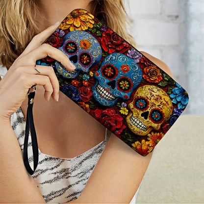 Shineful Leather Clutch Purse With Wristlet Strap Handle Floral Sugar Skull