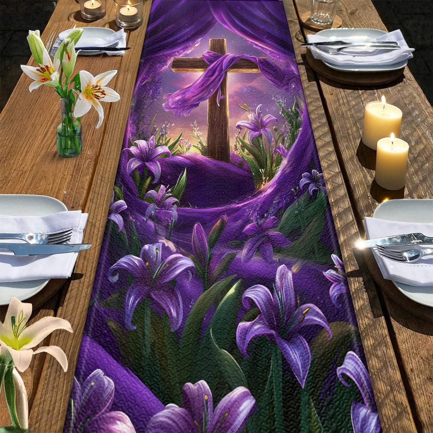 Shineful 2D Flat Print Quilted Table Runner Faithful Bloom Celebration