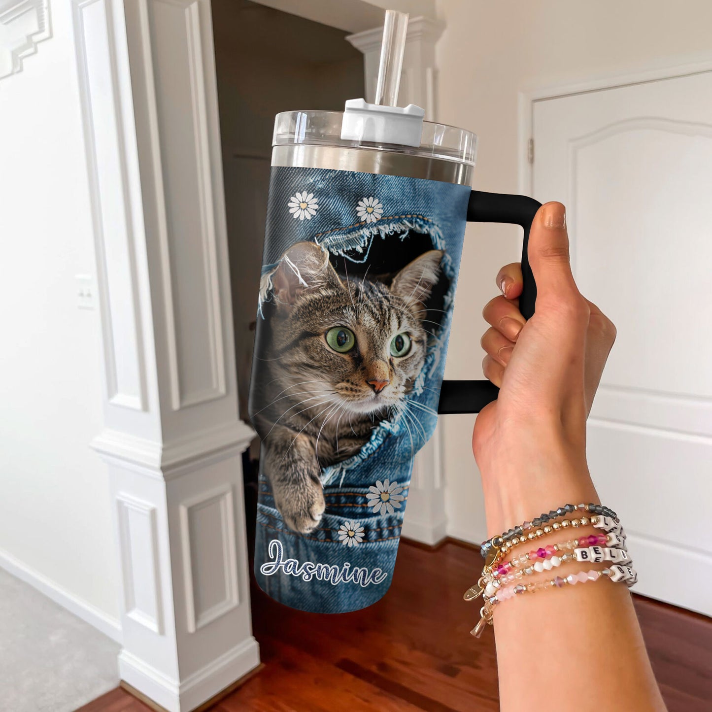 Shineful Tumbler Personalized Denim Cat Delight