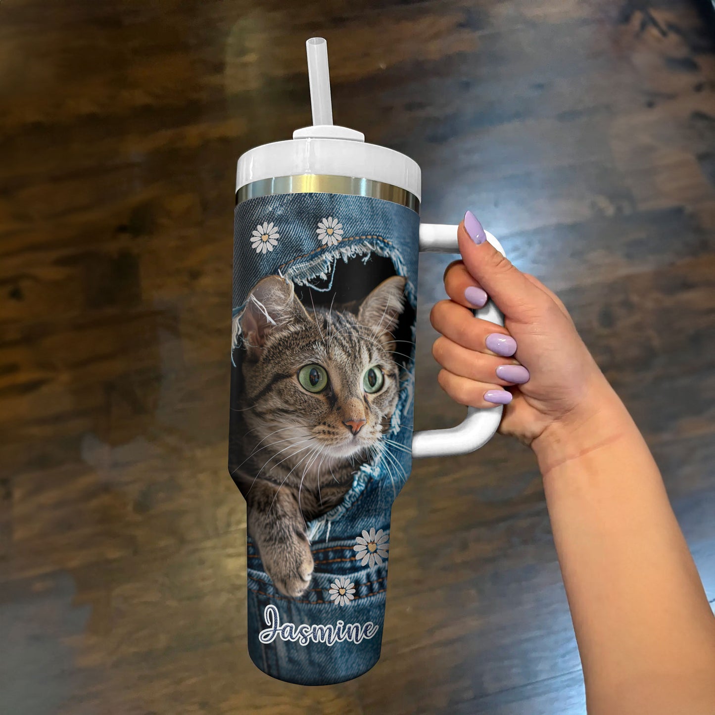 Shineful Tumbler Personalized Denim Cat Delight