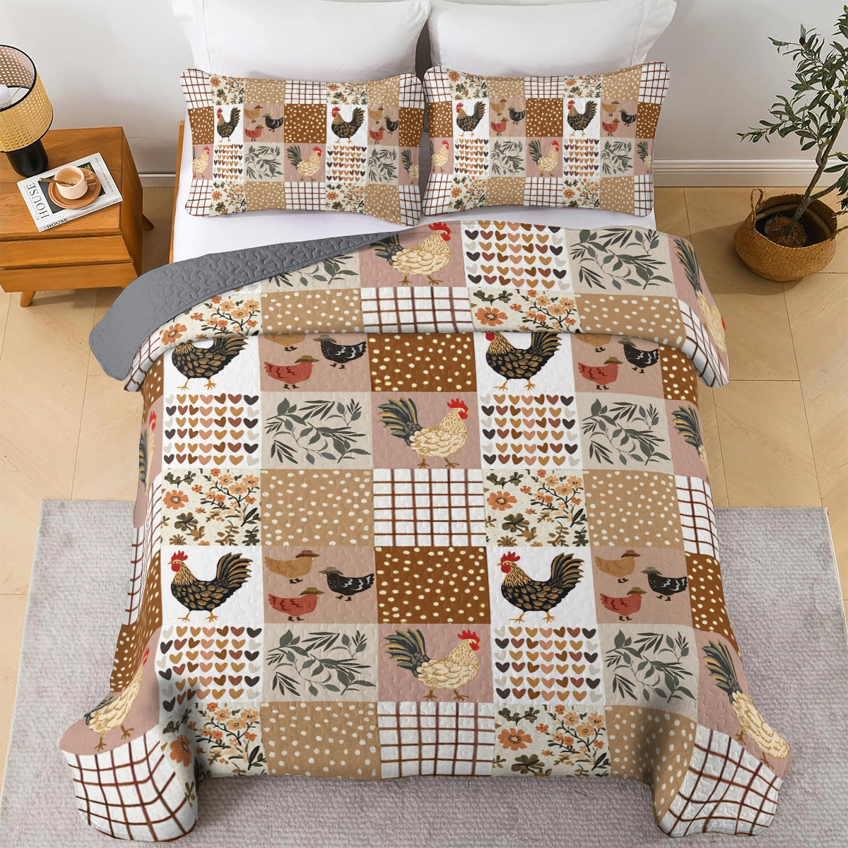 Shineful All Season Quilt 3-Piece Set Country Chicken Patchwork