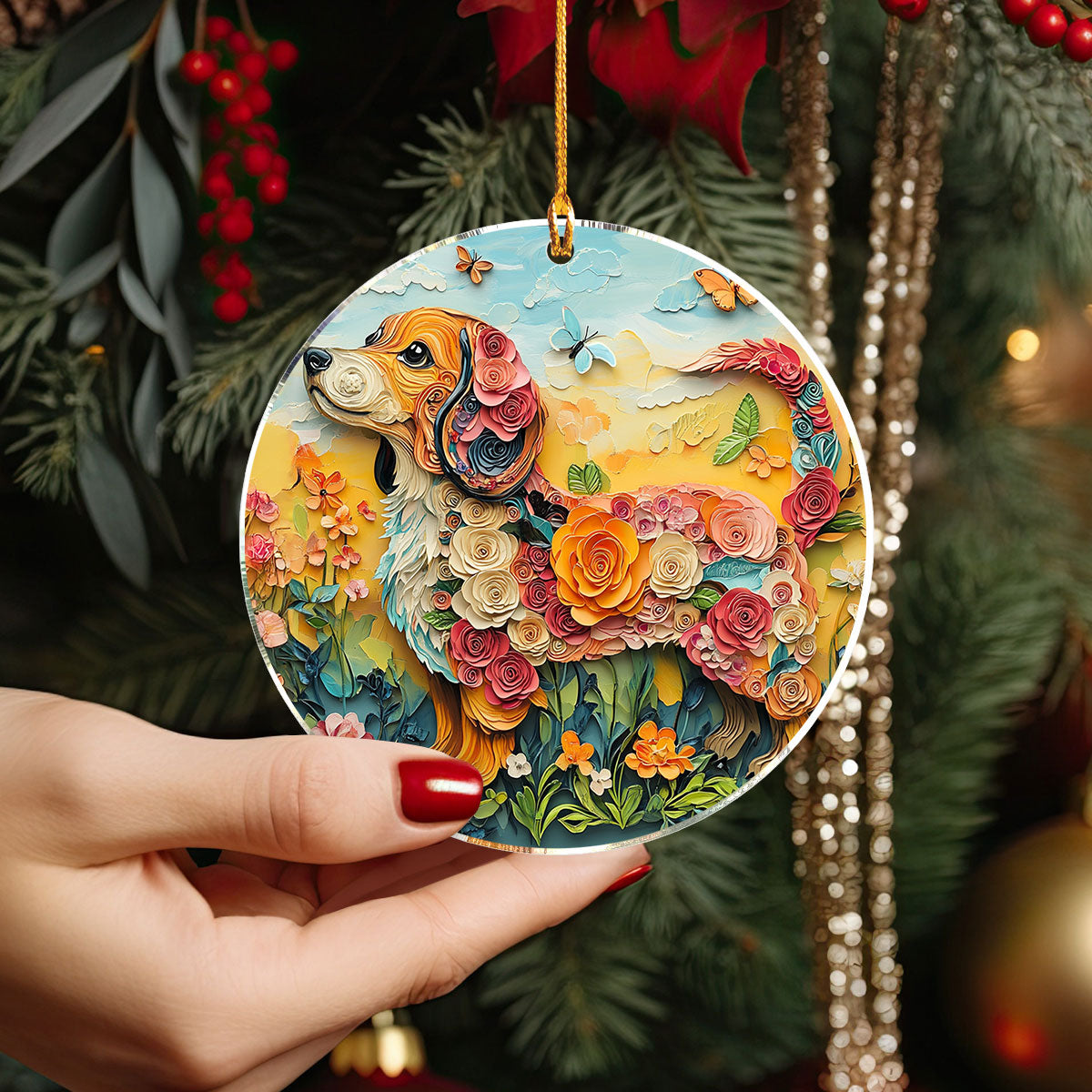 Shineful 2D Acrylic Ornament Dachshund Floral Charm