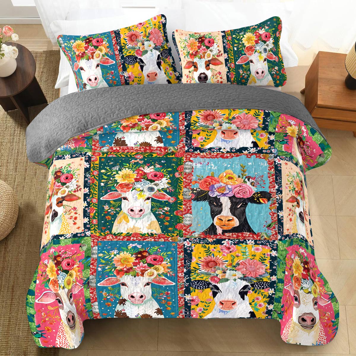 Shineful All Season Quilt 3-Piece Set Cows and Blooms