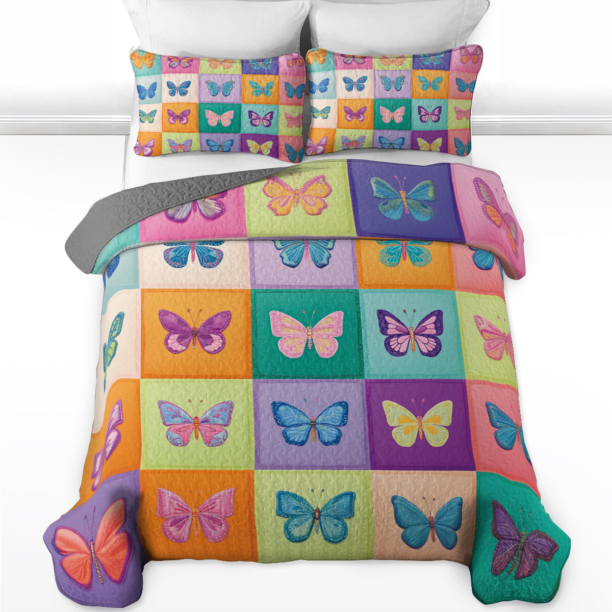 Shineful All Season Quilt 3-teiliges Set Bunte Schmetterlingskunst