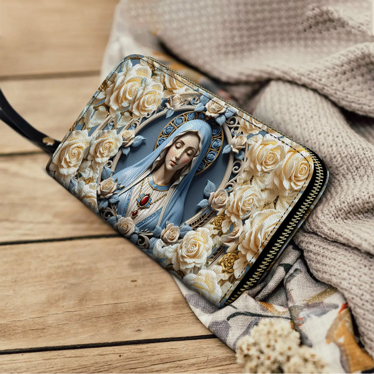 Shineful Leather Clutch Purse With Wristlet Strap Handle Blessed Virgin Mary